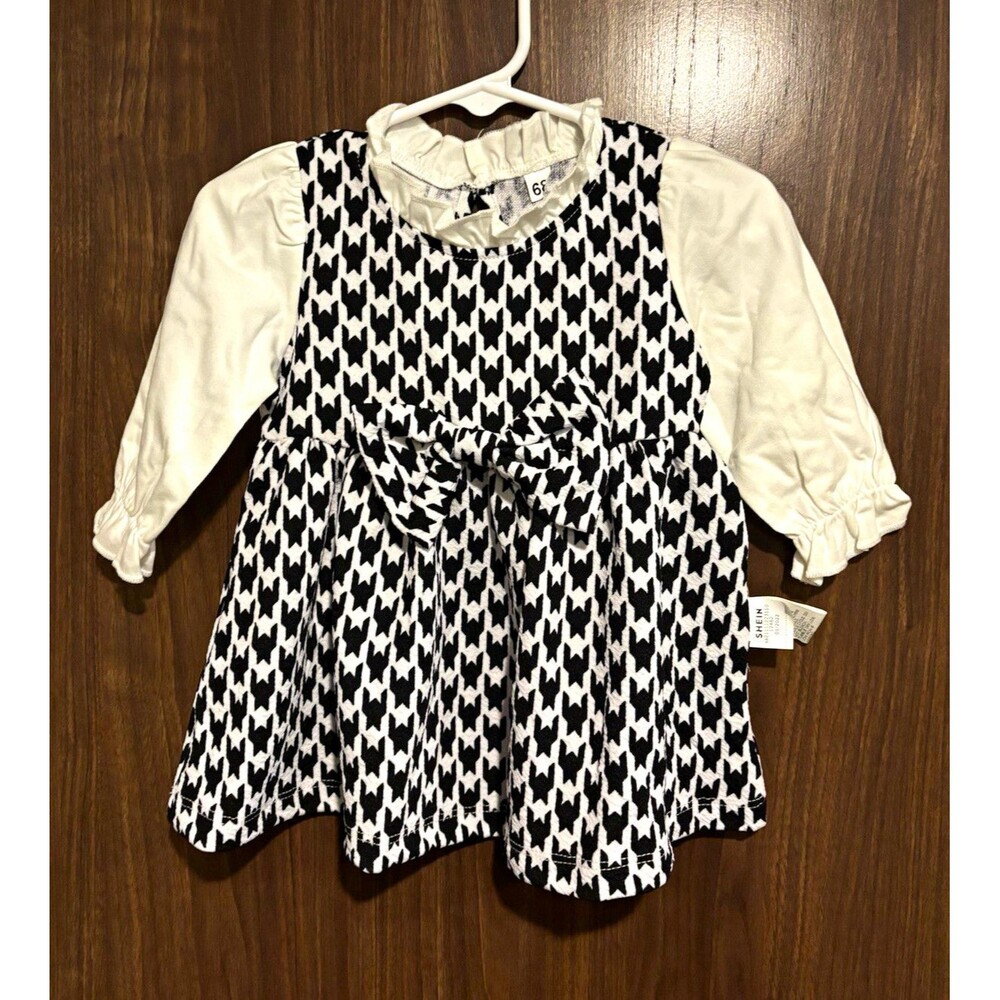 SHEIN Baby Girls Houndstooth Fit & Flare Dress 3-6 Months Long Sleeve Bow Ruffle